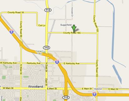 This image is of a map showing the location of Historic Nelson Ranch.  The Beautiful Equestrian Facility at which Prestige Eqestrians is located.  Offering Horseback riding, lessons and training.  Located just minutes from Sacramento and Davis California in Woodland California.  We are located just North of town with easy access to I-5 and 113.